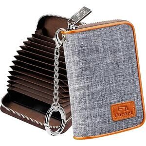 Wallet, RFID Blocking, Cash Credit Business Card Slots Zipper Keychain (Gray)